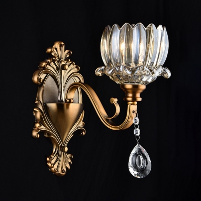 Classic Brass Sconce Light Lotus Shape 1/2 Heads Clear Glass Wall Light for Living Room