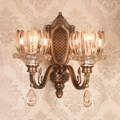 Classic Style Lotus Wall Light 1/2 Heads Metal & Striking Crystal Wall Lamp in Gold for Bedroom