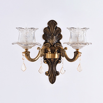 Clear Flower Wall Light with Crystal 1/2 Heads Vintage Style Glass Sconce Light in Antique Brass for Hotel