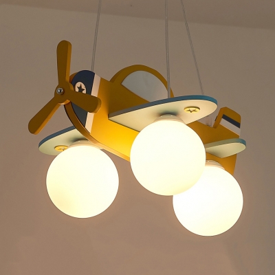 Contemporary Propeller Plane Suspension Light Wood 3 Lights Blue/Red/Yellow Hanging Light for Girls Bedroom