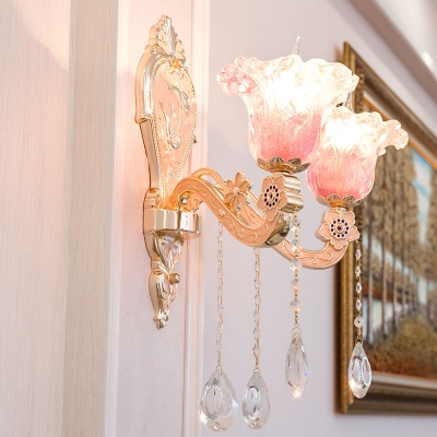 Elegant Style Flower Wall Light 1/2 Lights Metal Sconce Light in Gold with Teardrop Crystal for Hotel