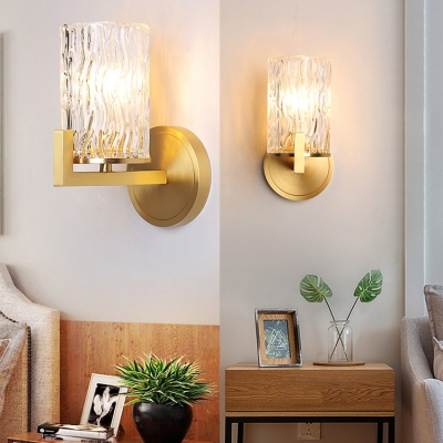 Simple Style Gold Wall Sconce Cylinder Shade 1 Bulb Dimple Crystal Wall Lamp for Dining Room