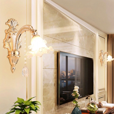 Luxurious Style Blossom Sconce Lamp Metal 1/2 Heads Gold Wall Light with Glittering Crystal for Restaurant
