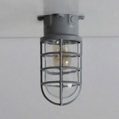 Industrial Nautical Flush Mount Ceiling Fixture with Glass Shade and Metal Cage Frame in Colorful Finish