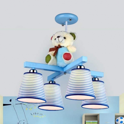 Kids Toy Bear Chandelier with Tapered Shade 4 Lights Fabric Pendant Light in Blue/Pink for Boys Girls Bedroom
