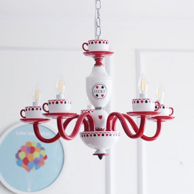 Lovely Candle Hanging Lamp with Coffee Cup 5 Lights Glass Chandelier Chandelier in Red for Restaurant