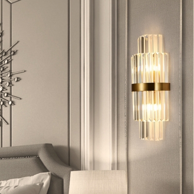 Metal Cylindrical Sconce Wall Light with Clear Crystal Shade Bedroom Modern Sconce Lamp in Brass