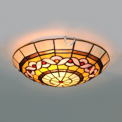 Multi-Color Bowl Ceiling Mount Light Tiffany Antique Glass Flush Light for Study Room Bedroom