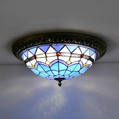 Stained Glass Dome Flush Ceiling Light Cloth Shop Tiffany Traditional Ceiling Lamp in Beige/Blue
