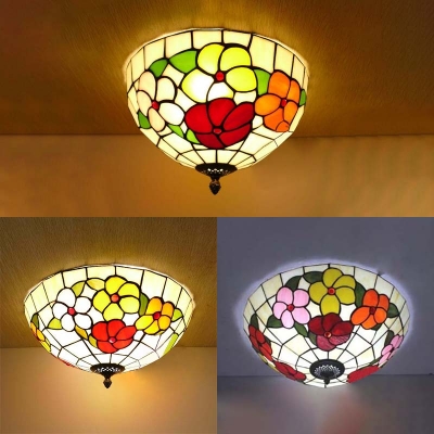 Stained Glass Floral Theme Ceiling Mount Light Living room Antique Style Flush Light in White