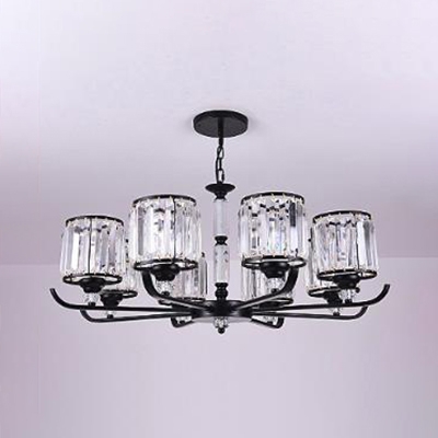 Study Room Drum Ceiling Pendant Metal 3/6/8 Bulbs Traditional Style Black Chandelier with Crystal