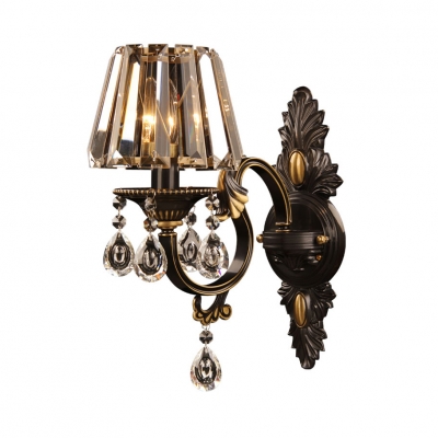 Tapered Shade Bedroom Sconce Light Metal One Light Classic Style Wall Lamp with Crystal in Black/Gold