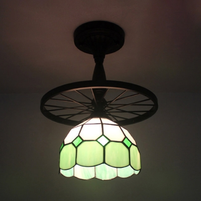 Traditional Blue/Green/Orange Ceiling Lamp Grid Bowl 1 Light Art Glass Semi Ceiling Mount Light with Wheel for Corridor