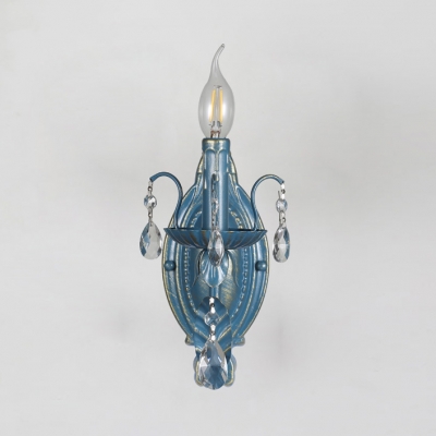 Traditional Blue Wall Sconce Candle Single Head Metal Sconce Light with Teardrop Crystal for Restaurant
