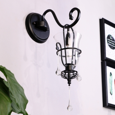 1/2 Lights Bell Shade Wall Sconce with Crystal American Rustic Clear Glass Sconce Light in Black for Living Room