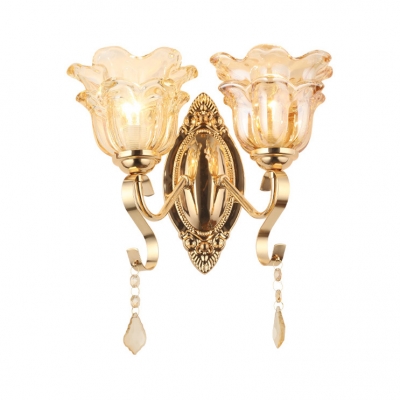 1/2 Lights Floral Wall Light with Crystal Classic Style Metal Sconce Light in Gold for Bedroom