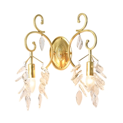 2 Lights Candle Wall Light Elegant Style Clear Crystal Sconce Light in Gold for Bedroom Hallway