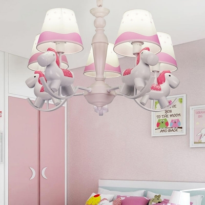 5/6 Lights Horse Pendant Lights Animal Metal Resin Chandelier in Blue/Pink for Girls Bedroom