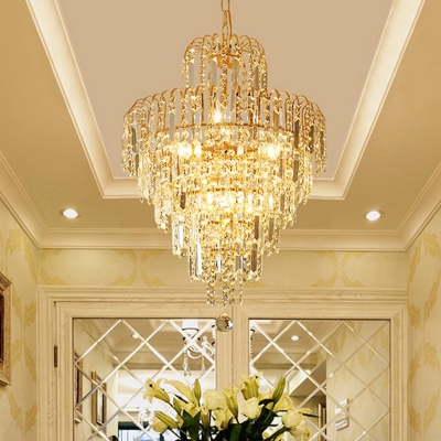 Dining Room Cone Suspension Light Metal Contemporary Gold Chandelier Light for Clear Crystal