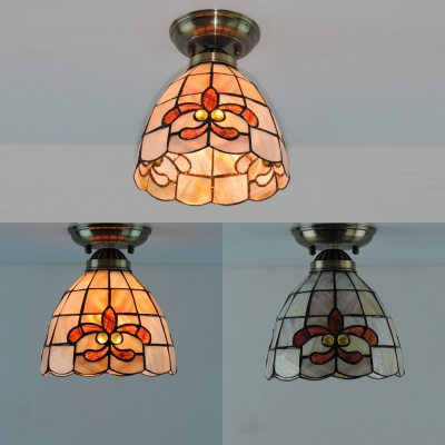Brass Downlight Ceiling Mount Light 1 Head Tiffany Vintage Art Glass Flush Light for Foyer