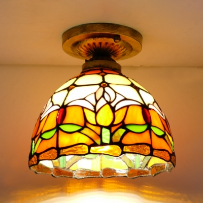 Single Light Tulip Ceiling Lamp Rustic Tiffany Stained Glass Flush Light for Kitchen Foyer