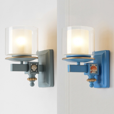 Front Door Cylinder Candle Wall Light Metal 1 Head Simple Style Sky Blue/Water Blue Sconce Light