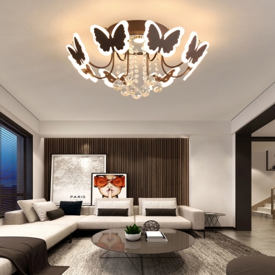 Acrylic Butterfly LED Ceiling Light with Crystal Ball 6/8 Light Pretty Semi Flush Light in Coffee/Gold for Girls Bedroom