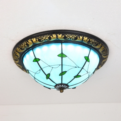 Antique Style Bowl Ceiling Mount Light Art Glass Blue Ceiling Lamp with Leaf for Hallway Stair