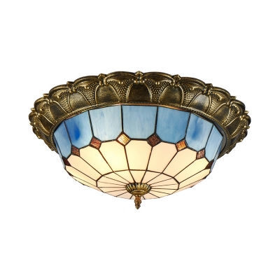 Art Glass Dome Flush Ceiling Light Traditional Tiffany Ceiling Lamp in Blue/Yellow for Dining Room