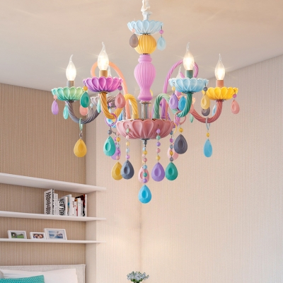 Candle Kindergarten Pendant Light Resin 5/6 Heads Macaron Style Multi-Colr Chandelier with Crystal