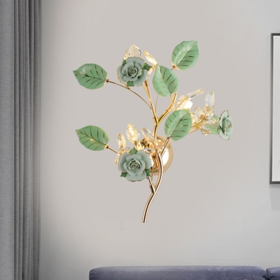 Ceramics Flower & Leaf Wall Light with Crystal Deco Modern Stylish Sconce Light in Black/Green/Red/White