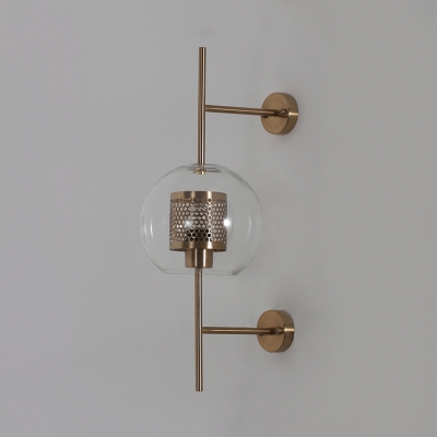 Clear Glass Spherical Wall Light Modern 1 Head Brass/Silver Sconce with Inner Mesh Cage
