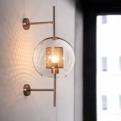 Clear Glass Spherical Wall Light Modern 1 Head Brass/Silver Sconce with Inner Mesh Cage