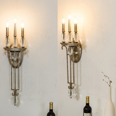 Colonial Style Candle Sconce Light with Crystal Iron 3 Bulbs Aged Steel Wall Lamp for Hallway