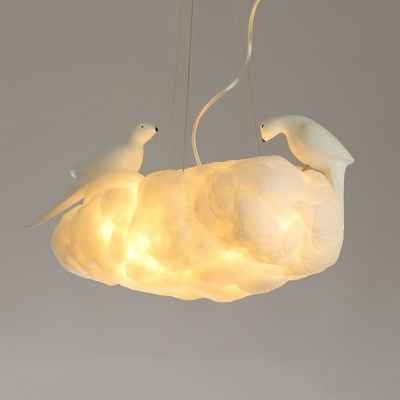 Contemporary White Hanging Light Cloud Fiber Chandelier with Resin Bird in Warm/White for Restaurant
