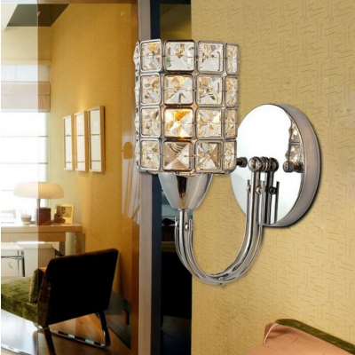 Fashion Chrome Wall Light Cylinder Shade 1 Head Metal Sconce Light with Square Crystal for Hallway