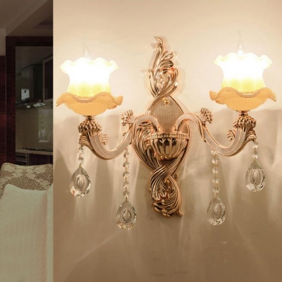 Glittering Crystal Blossom Wall Light Dining Room Two Heads Luxurious Sconce Light in Gold