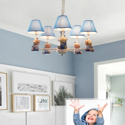 Lovely Monkey Pendant Light 5 Heads Metal Hanging Light with Dots Shade in Blue for Boys Bedroom