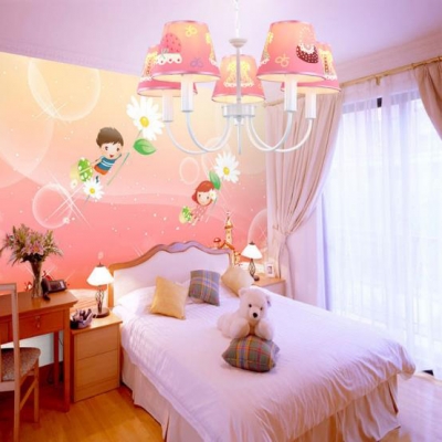 Lovely Tapered Shade Pendant Light 5 Lights Metal Chandelier in Pink/White for Girls Bedroom