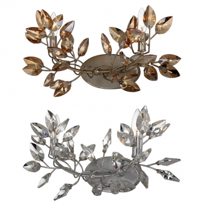 Metal Candle Sconce Light with Crystal Leaf 2 Heads Rustic Stylish Wall Light in Antique Gold/Silver