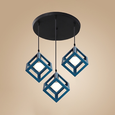 Metal Cube Cage Pendant Light Restaurant Three Lights Retro Loft Pendant Lamp in Blue/Green/Red/Yellow