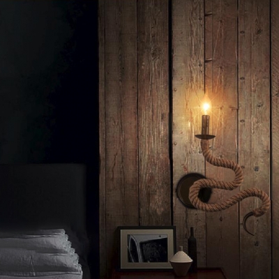 Metal Fake Candle Wall Light with Twist Rope Arm 1 Light Vintage Sconce Light in Beige for Corridor