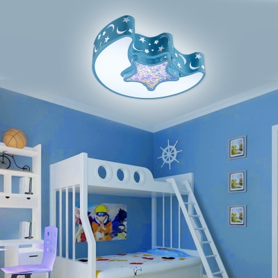 Metal Star&Crescent Flush Ceiling Light Cartoon LED Ceiling Lamp in Blue/Pink/White for Kids Bedroom