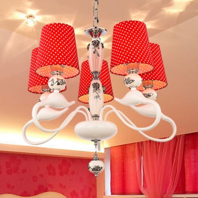 Modern White Hanging Light with Dot Shade & Flower 5 Lights Fabric Chandelier for Girls Bedroom