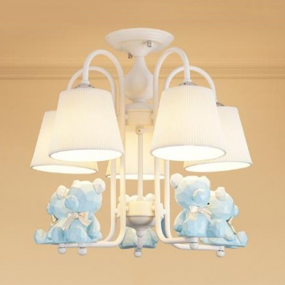 Nordic Blue/Pink Chandelier Toy Bear 5 Lights Metal Hanging Light with Tapered Shade for Kindergarten