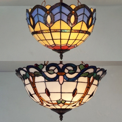 Vintage Tiffany Bowl Ceiling Lamp Stained Glass Inverted Semi Flush Ceiling Light for Living Room Cafe