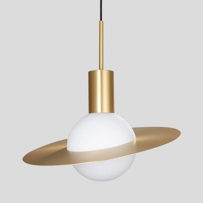 White Glass Shade Planet Design Hanging Light Modern Style 1 Head Pendant Lamp in Gold
