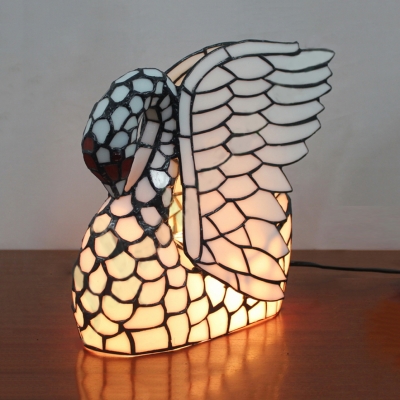Art Glass Swan Table Light Child Gift 1 Head Tiffany Stylish Desk Lamp in White with Plug-In Cord