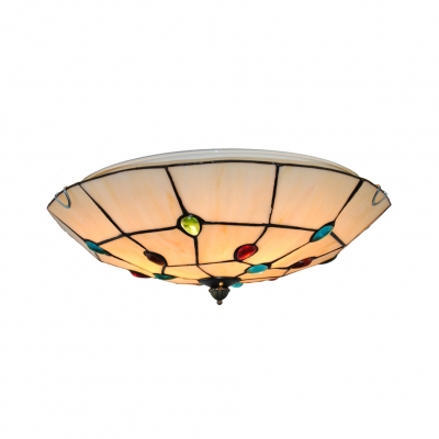 Simple Style Beige Ceiling Light with Multi-Color Bead Bowl Art Glass Flush Mount Light for Study Room
