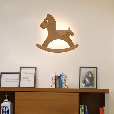 16 Inch Wood Horse Wall Light 2 Lights Lovely LED Wall Lamp in Beige for Child Bedroom